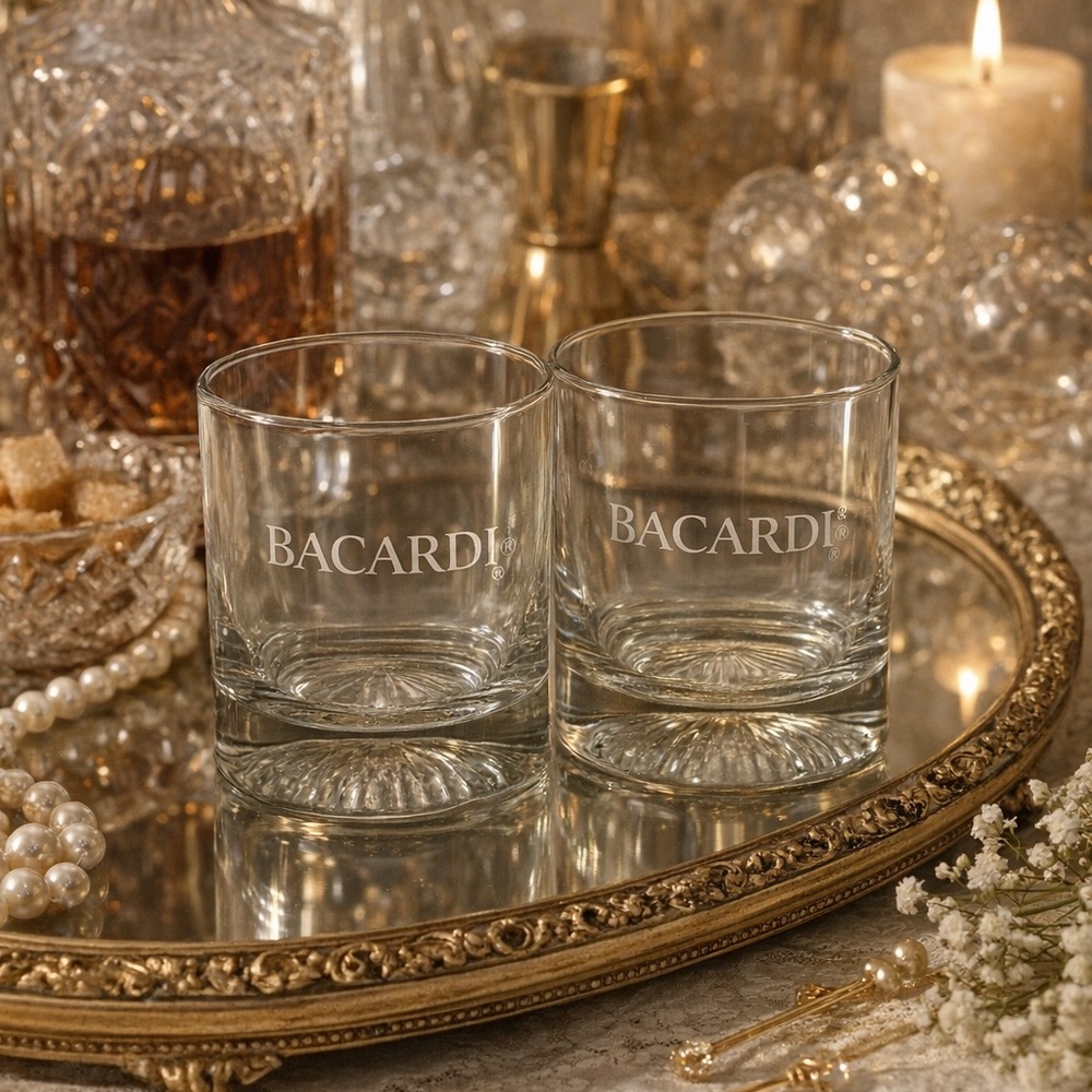 Bacardi Etched Rocks Glasses Pair Heavy Base Barware Vintage Cocktail Tumblers